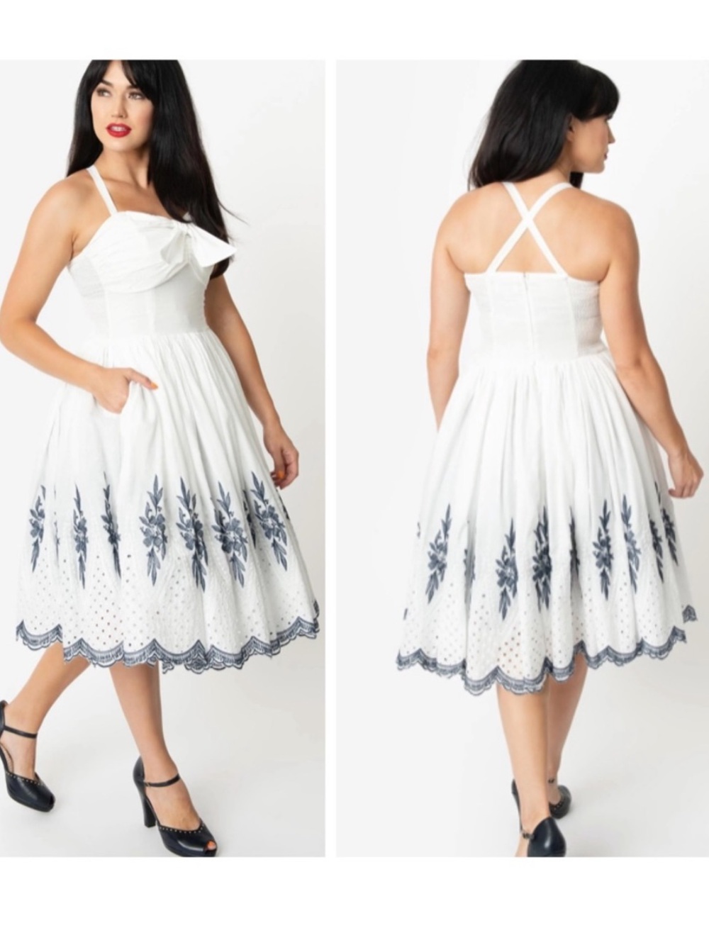 Unique Vintage Golightly pinup girl dress in white and blue embroidery